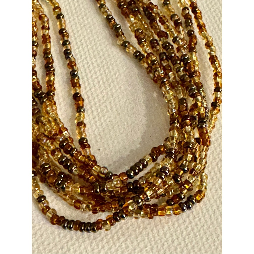 Vintage Multi Strand Seed Bead Necklace Amber Honey Bronze Boho Earth Tone Long‎
